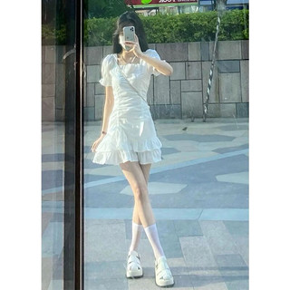 芭雅莲裙子夏天女装2024夏季短袖连衣裙女法式甜美感气质收腰小个子 白色 XL