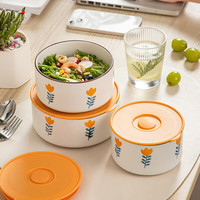 天丂陶瓷保鲜碗三件套可微波加热冷藏带盖密封家用陶瓷饭盒水果便当 小黄花保鲜碗【大中小三件套】
