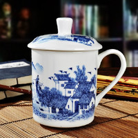 红得发紫 景德镇陶瓷茶杯带盖瓷水杯青花瓷器会议办公杯子 江南水乡