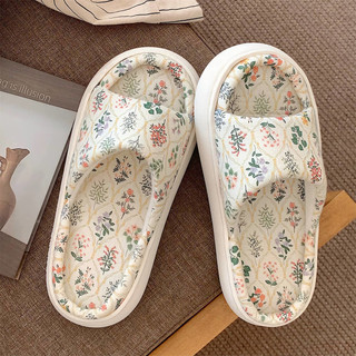 细细条 日式居家时尚素色亚麻布拖鞋女四季通用防滑软底地板鞋秋 绿叶花朵米白色 36-37