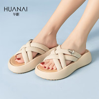 华耐（huanai）拖鞋女夏季织女士外穿凉拖时尚厚底沙滩凉鞋 95222151 米色 36