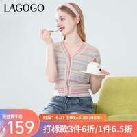 lagogo拉谷谷多巴胺彩虹条纹镂空针织衫2024夏短款修身上衣女 混色(Y0) S