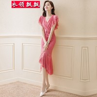 衣领飘飘品质V领连衣裙女装裙子短袖中长裙夏装时尚礼服送女友女神范气质