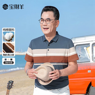 宝财羊爸爸夏装纯棉短袖t恤男高端宽松polo条纹衫中老年人上衣服半袖 175