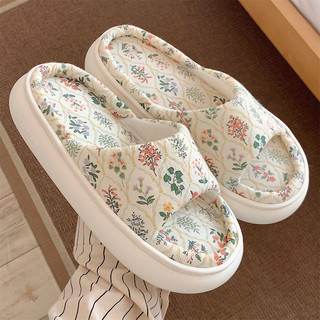 细细条 日式居家时尚素色亚麻布拖鞋女四季通用防滑软底地板鞋秋 绿叶花朵米白色 38-39