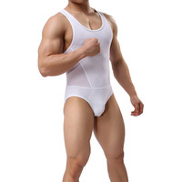 Brave Person无畏船长 男士弹力紧身运动跑步瑜伽体操透气网孔美体塑身背心三角丝滑连体衣 白色 S