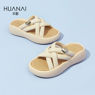 华耐（huanai）拖鞋女夏季织女士外穿凉拖时尚厚底沙滩凉鞋 95222151 米色 39