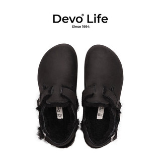 Devo Life的沃软木拖鞋包头半包加绒加毛外穿女鞋23007 黑色油蜡皮+黑毛 38