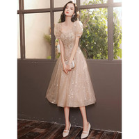 塞德勒香槟色晚礼服女宴会气质平时可穿艺考高级感小个子主持裙 卡其色 XL(116-125斤)