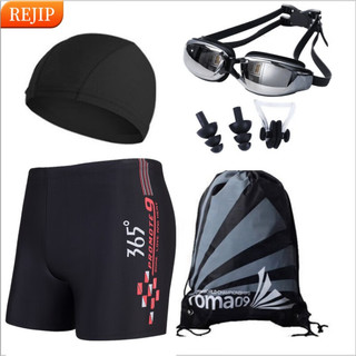 REJIP成人男士泳裤套装 泳帽泳镜平角大码游泳衣泡温泉5件装备 蓝色 XL(130-170斤)