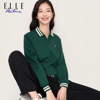 ELLE ACTIVE 简约撞色翻领卫衣女装秋季时尚轻复古学院风POLO领长袖卫衣女 绿色 S