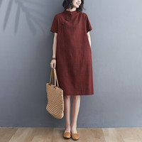 乔箐格子中长款旗袍改良版2024夏装复古文艺中式宽讼棉麻连衣裙女大码 暗红色 2XL