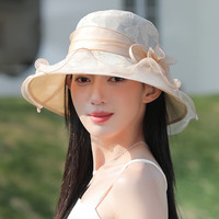 香雪羽秀真丝帽子女款夏季防晒帽女防紫外线遮阳帽女士时尚百搭太阳帽 米黄色 M(56-58cm)
