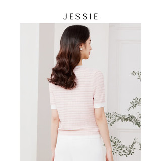 JESSIE时尚小香风针织衫女2024夏季V领粉色短袖上衣 粉色