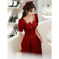 塞德勒敬酒服新娘2022方领结婚订婚回门礼服平时可穿缎面 酒红色中长款 XXL (126-135斤)