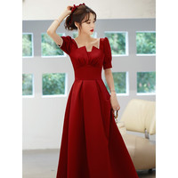 塞德勒敬酒服新娘2022方领结婚订婚回门礼服平时可穿缎面 酒红色长款 M (96-105斤)