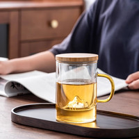 heisou茶杯子玻璃泡茶品茗杯中国风过滤水杯主人杯单杯500mlKC1505 茶水分离观山杯（竹盖） 500ml 1只