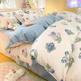 兰芮（Lanrui）四件套纯棉新疆长绒棉亲肤裸睡被罩床单枕套全棉套 蓝莓兔 200*230cm四件套(1.5/1.8m床)