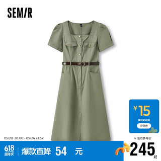 森马（Semir）连衣裙女方领开叉中长裙2024夏盐系工装裙101324114048 土灰绿40988 M