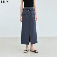 丽丽 LILY2024夏季格蕾系送腰带前后开叉铅笔裙商务通勤职场半身裙 501灰色 S