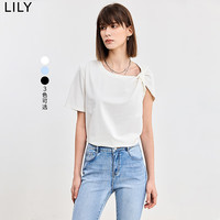 丽丽 LILY2024夏季不对称设计感袖型合体T恤舒适显瘦时尚通勤短袖 604米白 L