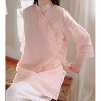 佛系禅服女套装夏天复古茶服装春国风盘扣苎麻中长款衬衫中式小立领上衣禅意 粉色系 L 105-118斤