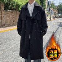 众烟 风衣男春秋季韩版双排扣长款过膝风衣男大码潮牌青少年外套大衣 黑色加棉加厚 5XL220-249斤