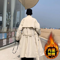 众烟 风衣男春秋季韩版双排扣长款过膝风衣男大码潮牌青少年外套大衣 米色加棉加厚 2XL160-180斤