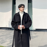 众烟 风衣男春秋季韩版双排扣长款过膝风衣男大码潮牌青少年外套大衣 N8180毛呢厚款黑色 L120-140斤