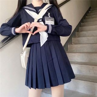 神北JK 绀三本正统jk制服基础款学院风校供中间水手服春夏套装 绀色三本短袖+短裙+领巾 M