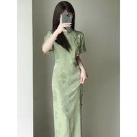 MXRP旗袍复古高贵中国风少女民国风一片式无省长款曳地立领 绿色 XL