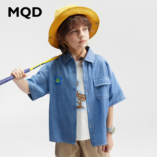 MQD童装男童牛仔衬衫艺术手绘字母图案百搭短袖衬衣 浅牛仔蓝 150cm