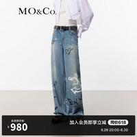 MO&Co.2024夏航海手绘涂鸦中低腰磨边直筒牛仔裤MBD2JEN013 牛仔蓝色 27/M