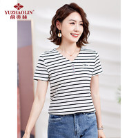 俞兆林中老年女装夏季上衣装条纹短袖T恤小衫Y244T1779 白色 2XL（128-140斤）