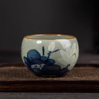 一品工坊景德镇老陶泥主人杯手绘白荷花茶杯柴窑青花瓷釉下彩单杯品茗杯子 手绘荷花杯