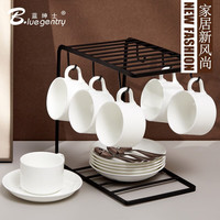 蓝绅士咖啡杯美式陶瓷杯碟套装商用杯子办公拿铁杯骨瓷水杯时尚简约 澳式6杯6碟+6勺+杯架