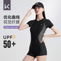 Keep泳衣女士专业连体平角游泳衣竞速保守大码温泉泳装047 黑色 L L【身高168-173体重55-60kg】