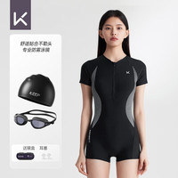 Keep泳衣女士专业连体平角竞速保守游泳衣047 泳衣泳镜泳帽套装 XXL XXL【身高175-180体重65-70kg】 黑色三件套