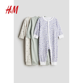 H&M童装女婴儿宝宝家居服3件装夏季可爱拉链连体睡衣1125924 紫色/花卉 110/56