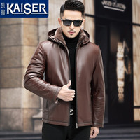 KAISER凯撒真皮皮衣男 加厚款羊毛内胆皮毛一体头层牛皮可拆卸帽子真皮皮衣男士商务休闲宽松版冬季真皮外套 棕色 190/4XL 适合体重175-190斤