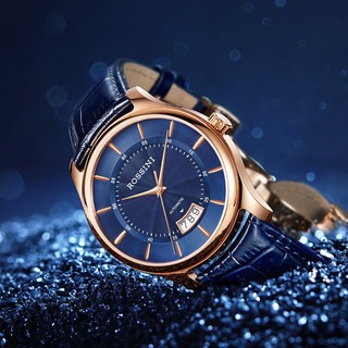 ROSSINI 罗西尼 男士手表商务防水男表机械表瑞士风格男式腕表进口机芯生日礼物 蓝盘皮带男表