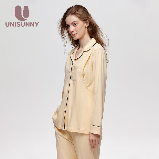 unisunny 月子服夏季薄款产后哺乳上衣睡衣纯棉开衫5月6月家居服100%棉 黄色 M