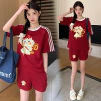 乌拓夏装套装红色运动休闲短袖上衣两件套短裤时髦夏天裤子薄 酒红色套装 M