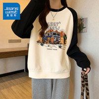 真维斯(JEANSWEST)卫衣女装圆领插肩撞色长袖春秋季小个子休闲宽松上衣服女 米色 沙漠氛围 M