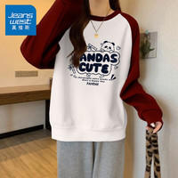 真维斯(JEANSWEST)卫衣女装圆领插肩撞色长袖春秋季小个子休闲宽松上衣服女 酒红 线条熊猫 L