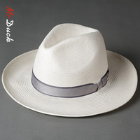 Mr DUCK日本面料 手工织巴拿马帽子男女款夏天防晒草帽英伦礼帽潮 MS206659-灰色织带款（7CM大边） S码(52-55cm)