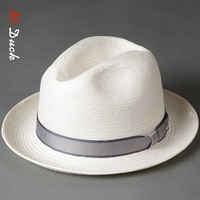 Mr DUCK日本面料 手工织巴拿马帽子男女款夏天防晒草帽英伦礼帽潮 MS206658-灰色织带款(5CM小边) XL码(61cm以上,特大头围才拍)