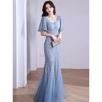 诺丽缇（NUOLITI）蓝色晚礼服女2024高端名媛宴会气质优雅鱼尾主持人连衣裙年会 蓝色长款 L