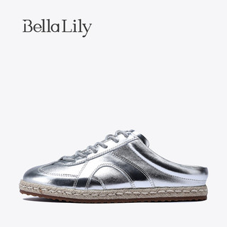 Bella Lily2024夏季银色半包拖鞋女原创牛皮板鞋无后跟德训鞋 银色 37