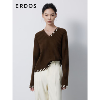 ERDOS 春夏V领抽条直身宽松简约摩登女套衫羊绒衫 初绒 深咖啡 155/80A/S